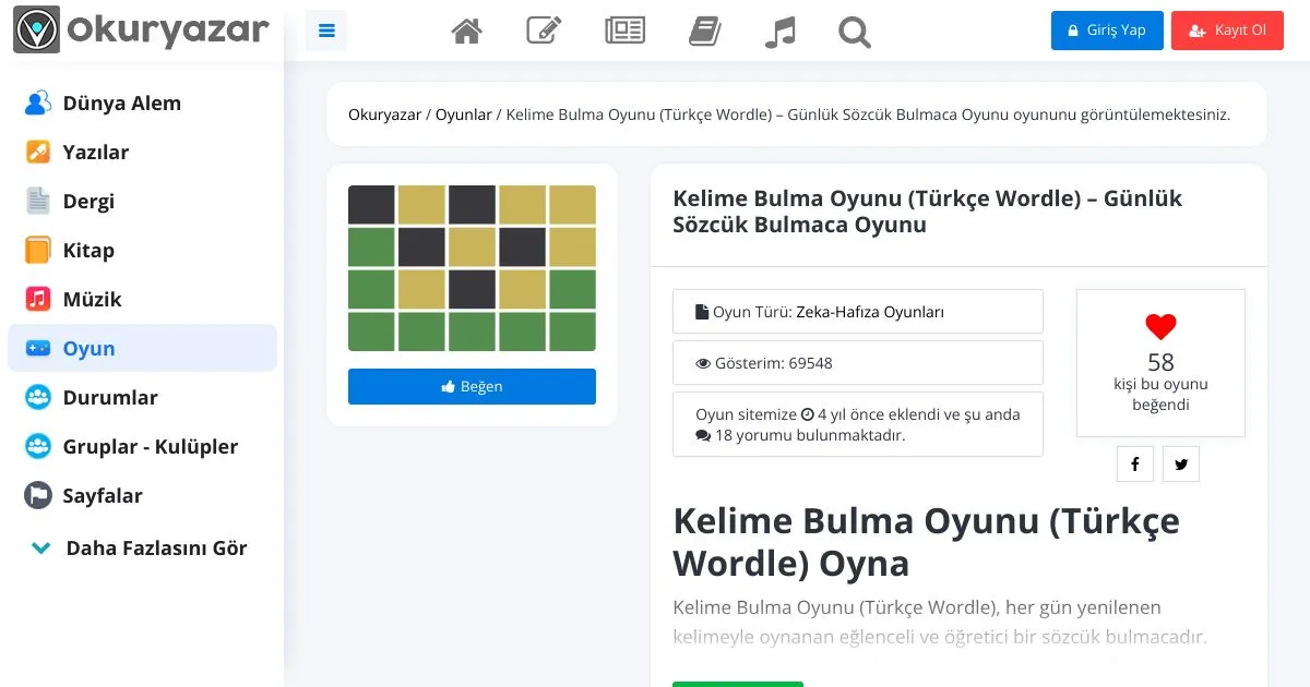 The Kelime Bulma Oyunu page on Okuryazar, with a grid of green, yellow and grey Wordle-style tiles