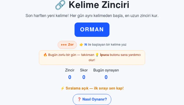 Kelime Zinciri on 3 October 2026: the day's starting word ORMAN in a blue box, a three-star Zor (hard) rating, the prompt to write a word starting with N, and counters for chain, score and players tod