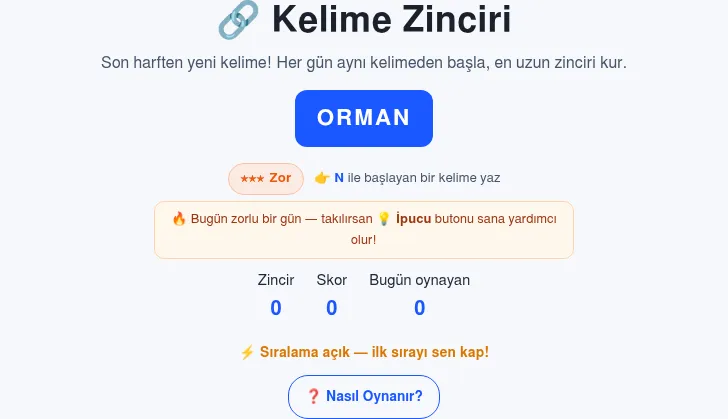 Kelime Zinciri on 3 October 2026: the day's starting word ORMAN in a blue box, a three-star Zor (hard) rating, the prompt to write a word starting with N, and counters for chain, score and players tod