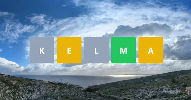 Kelma share image: the five game tiles K, E, L, M and A in grey, yellow and green over a view of the Maltese coast