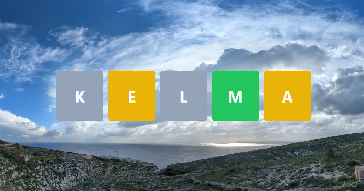 Kelma share image: the five game tiles K, E, L, M and A in grey, yellow and green over a view of the Maltese coast