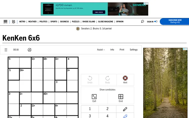Boston Globe KenKen 6x6 for 5 October 2026 in play: the empty grid with cages marked 5-, 11+, 18x, 24x and 3+, beside Undo, Redo, Hint and a number pad