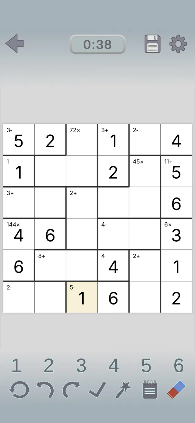 A 6x6 KenKen grid in progress with cage targets such as 72x, 3+ and 144x and a number keypad