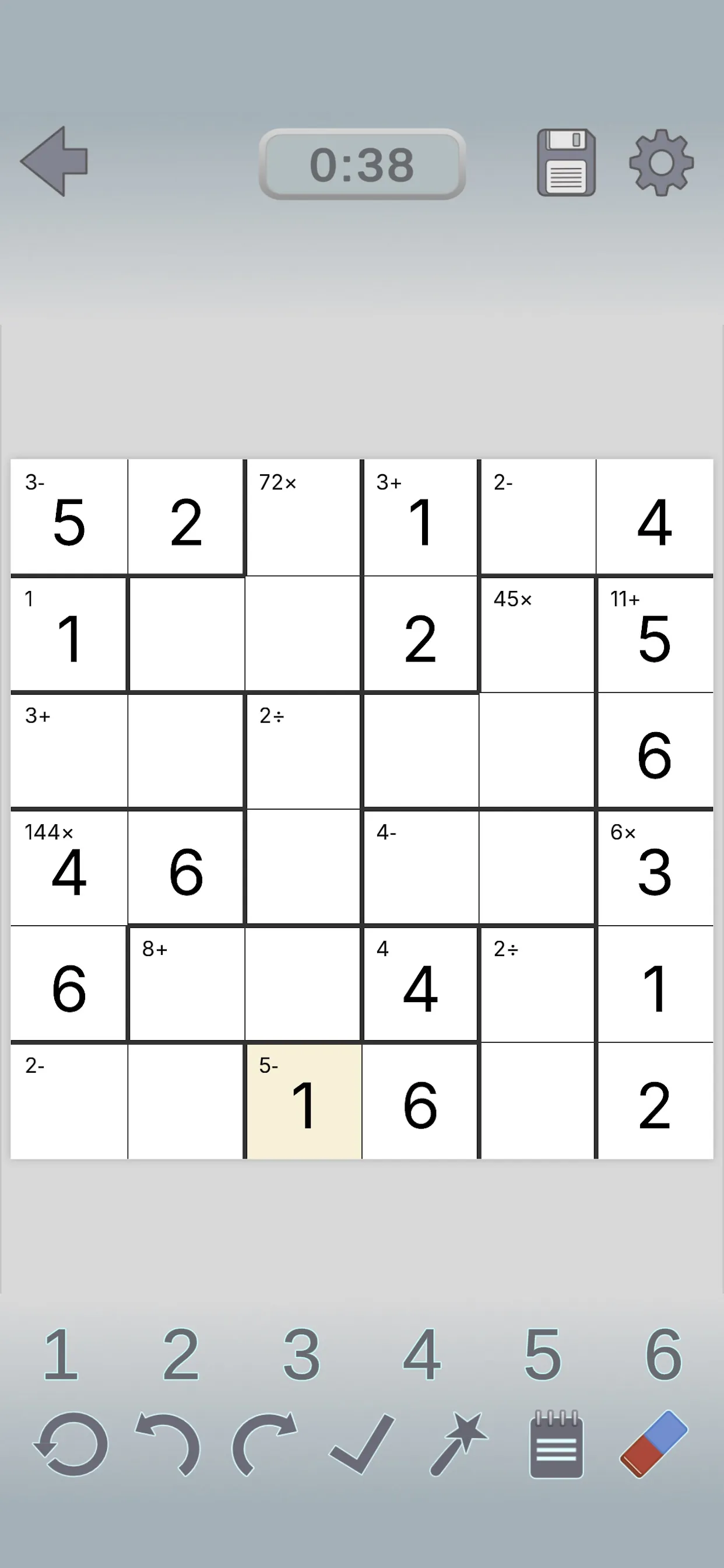 A 6x6 KenKen grid in progress with cage targets such as 72x, 3+ and 144x and a number keypad