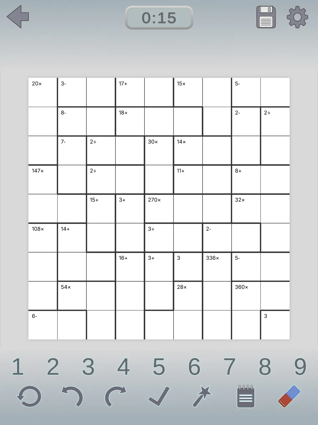 A blank 9x9 KenKen grid on iPad with cage targets such as 147x, 270x and 360x, a timer and a number row from 1 to 9