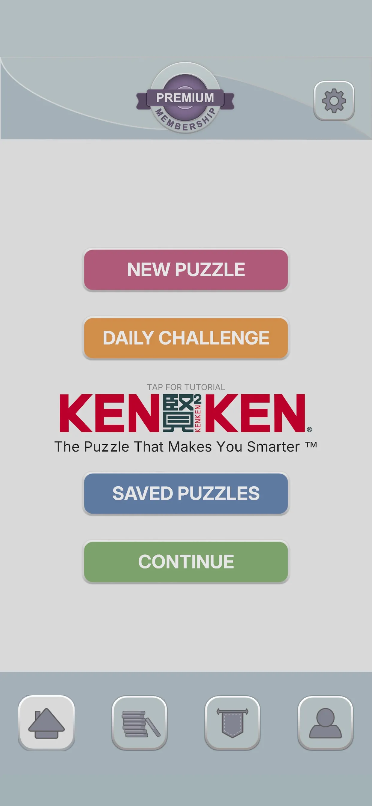 KenKen app home screen with New Puzzle, Daily Challenge, Saved Puzzles and Continue buttons