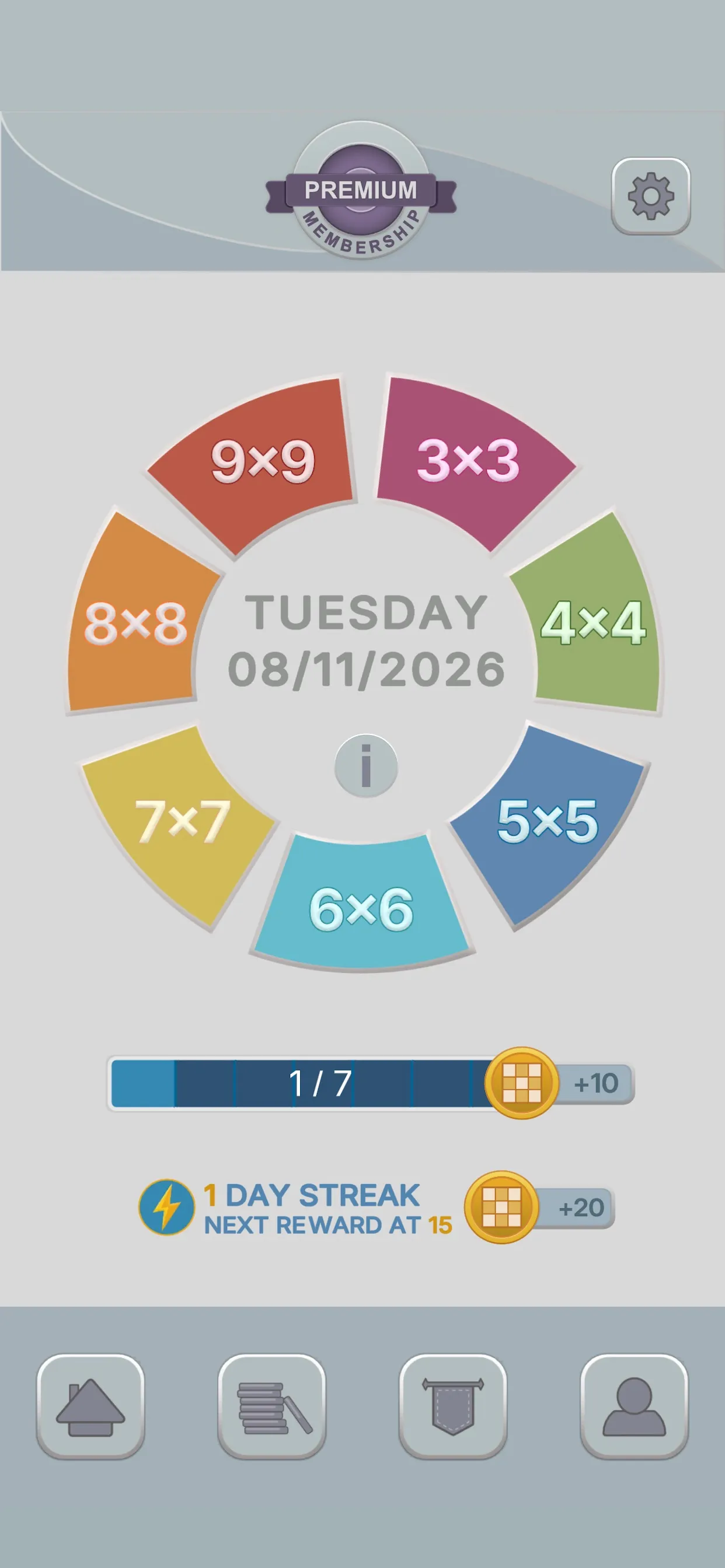 The KenKen Daily Challenge screen: a ring of seven grid sizes from 3x3 to 9x9 around the date, a 1 of 7 progress bar and a day streak