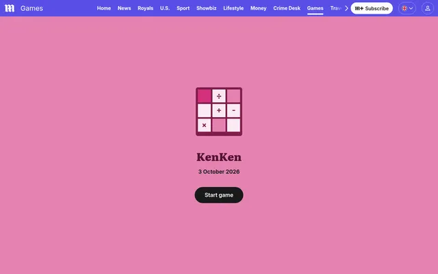 The KenKen start screen on the Daily Mail games page: the game's own icon and name, the date 3 October 2026 and a button to start the day's puzzle