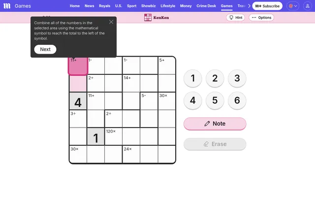 The day's 6x6 KenKen board on the Daily Mail games page, with cage targets such as 11+, 2÷, 120× and 30×, two given numbers and a 1 to 6 keypad