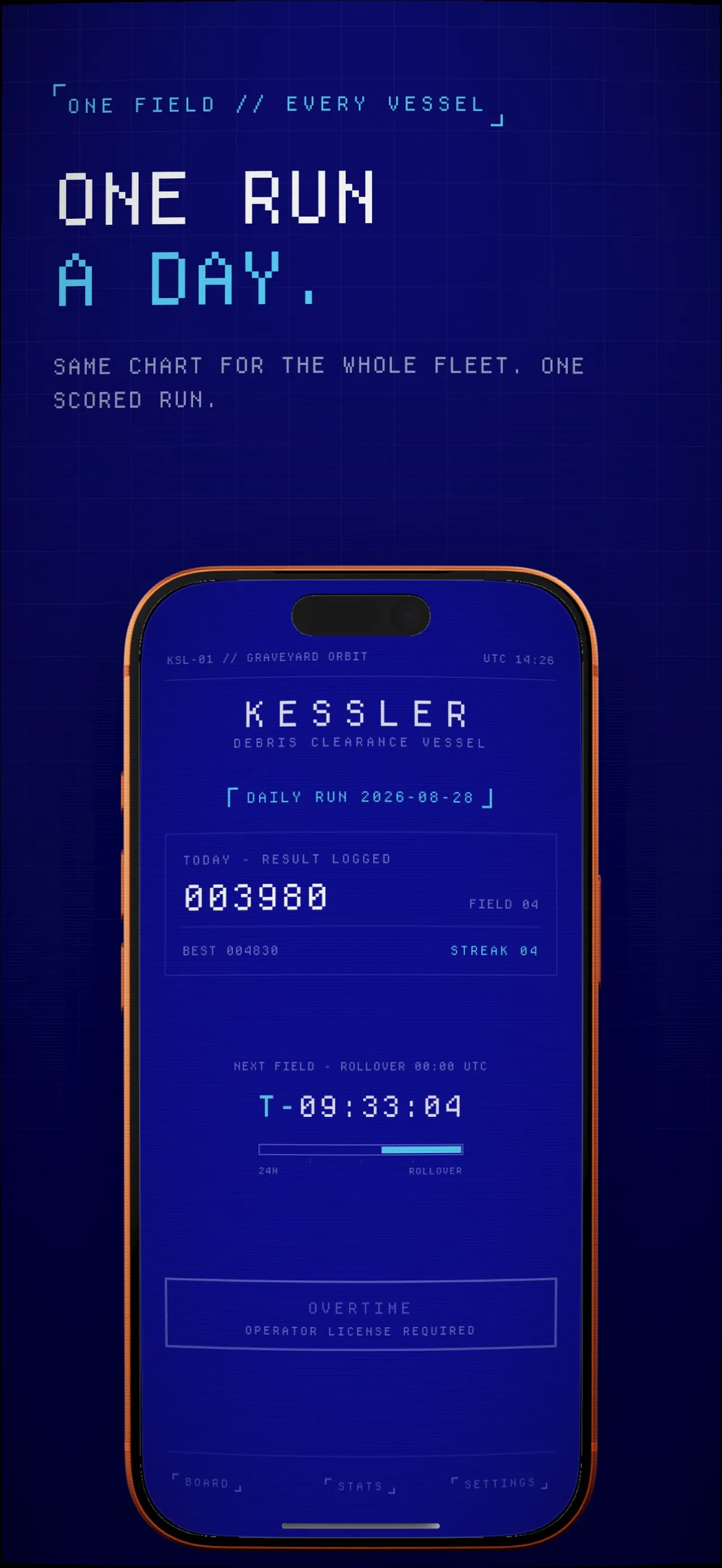 KESSLER Daily Run 2026-08-28 screen with today's logged score, best, streak and a countdown to the next field at rollover 00:00 UTC