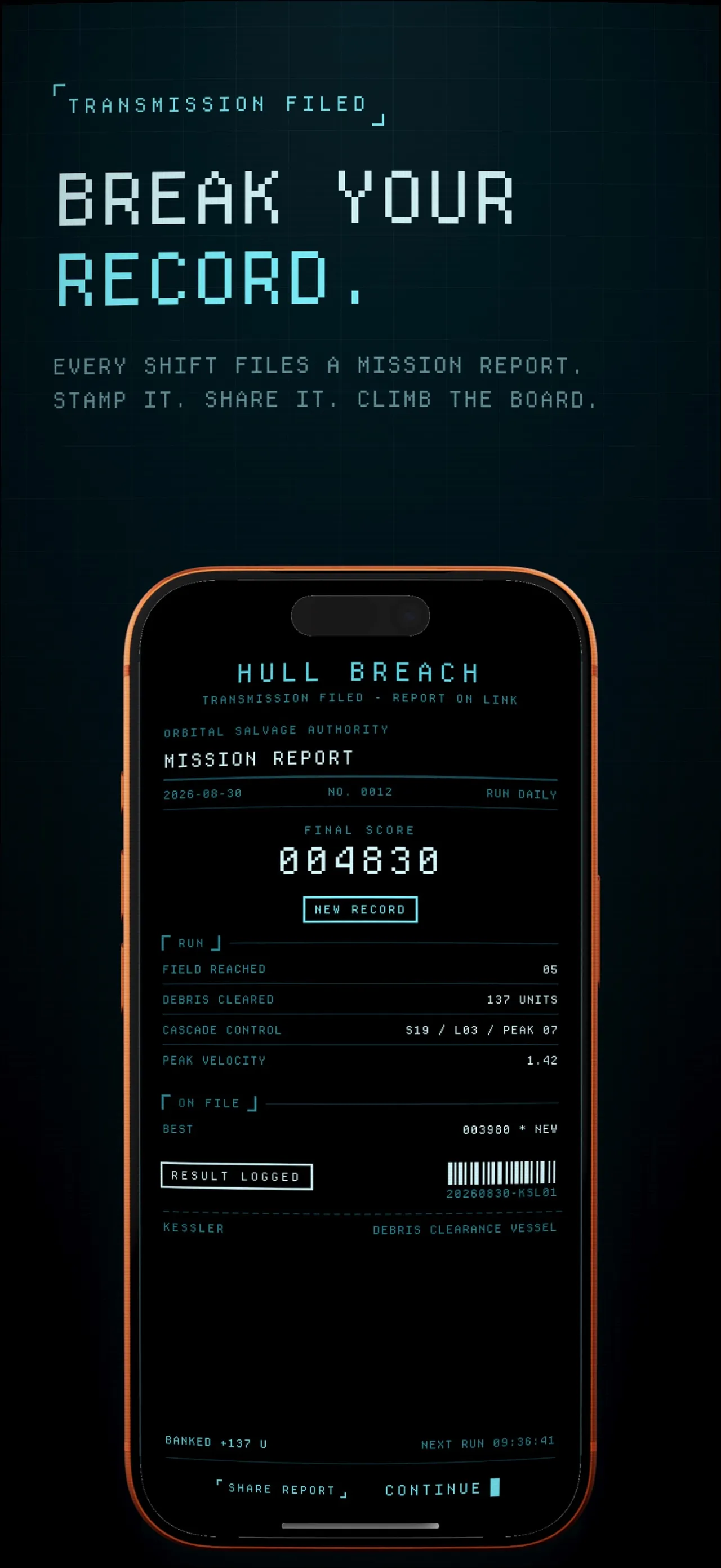 KESSLER mission report after a daily run: final score 004830, new record, field reached, debris cleared, peak velocity and a Share Report button