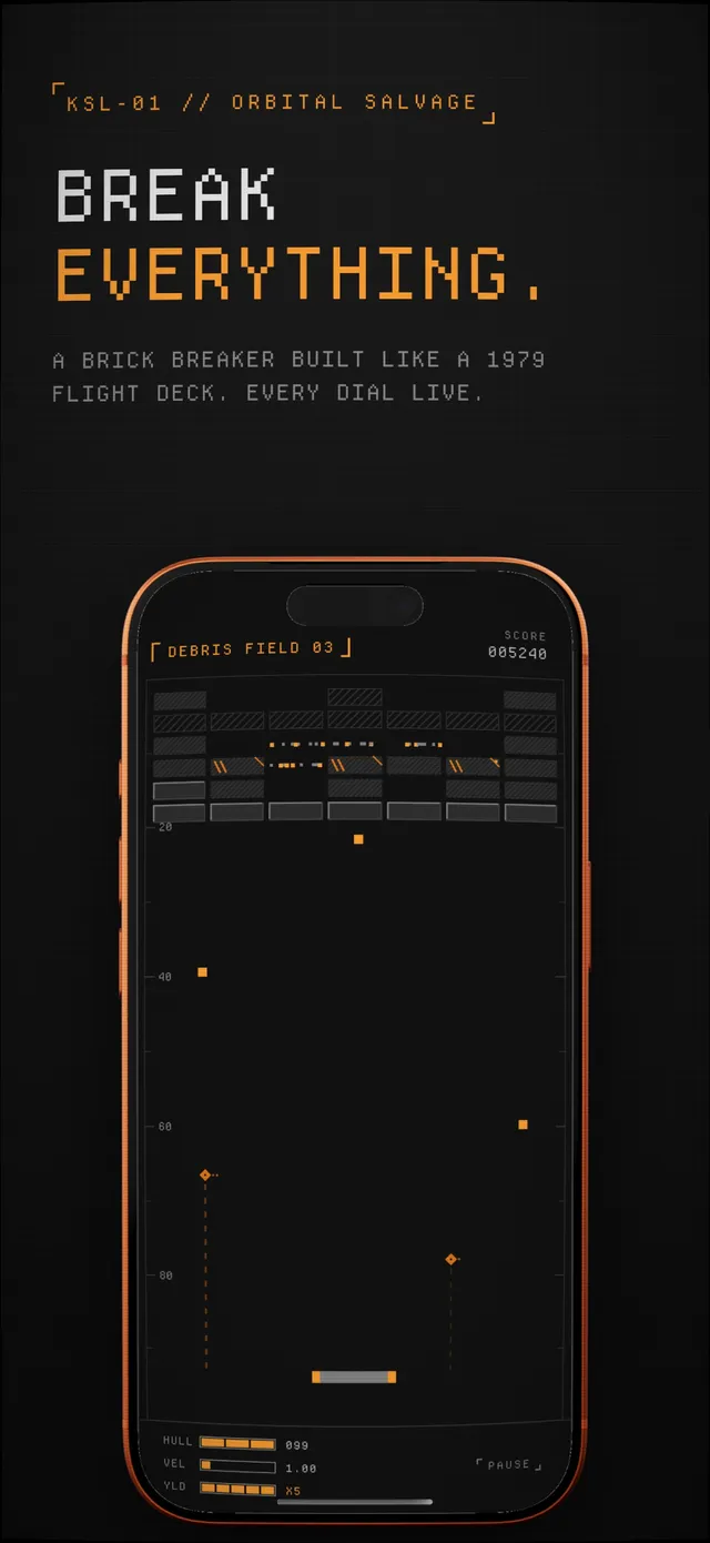 KESSLER in play: Debris Field 03, a wall of grey debris blocks with a ball and the paddle at the bottom, score 005240, hull, velocity and yield gauges below