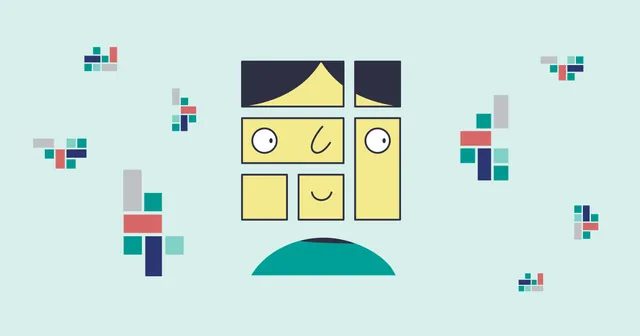 Illustration of a face made of yellow blocks packed in a box, with small groups of coloured stones around it