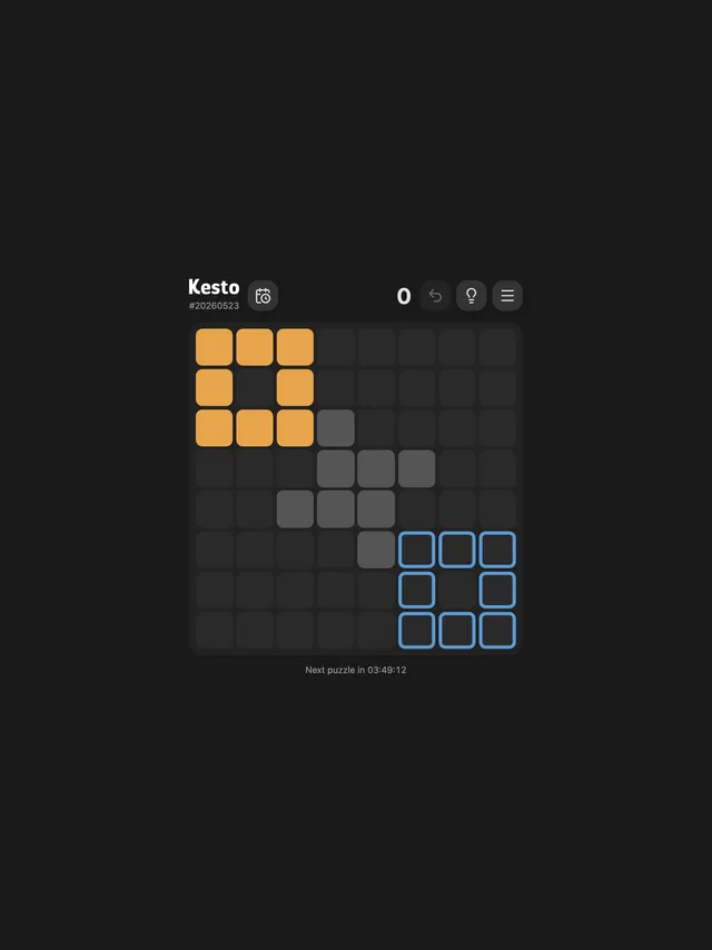 Kesto puzzle #20260523: an orange square ring of boxes, grey blocks in the middle and a blue target outline in the corner