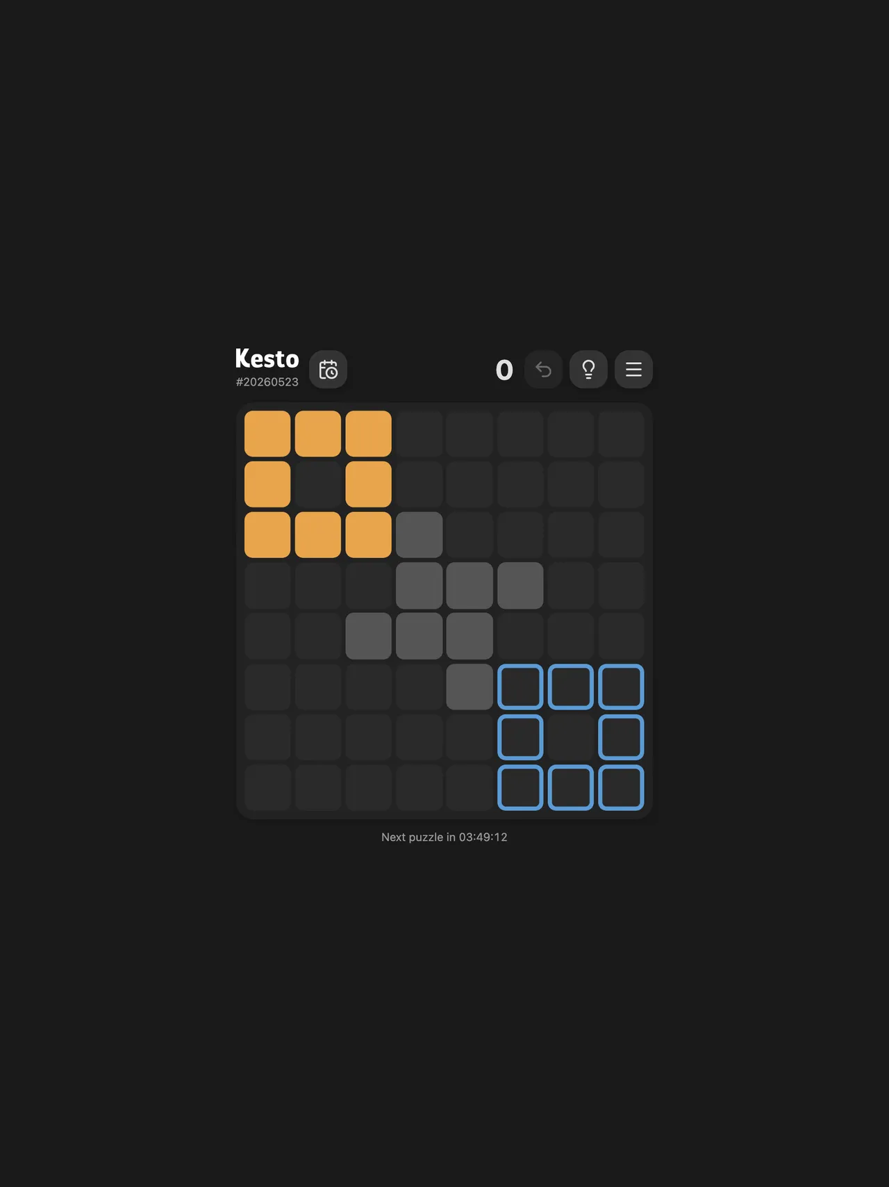 Kesto puzzle #20260523: an orange square ring of boxes, grey blocks in the middle and a blue target outline in the corner