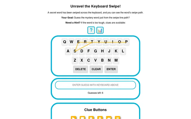 Keyboard Lines daily puzzle: an on-screen keyboard with the day's yellow swipe path drawn across the keys, a guess box with 6 guesses left, and the clue buttons