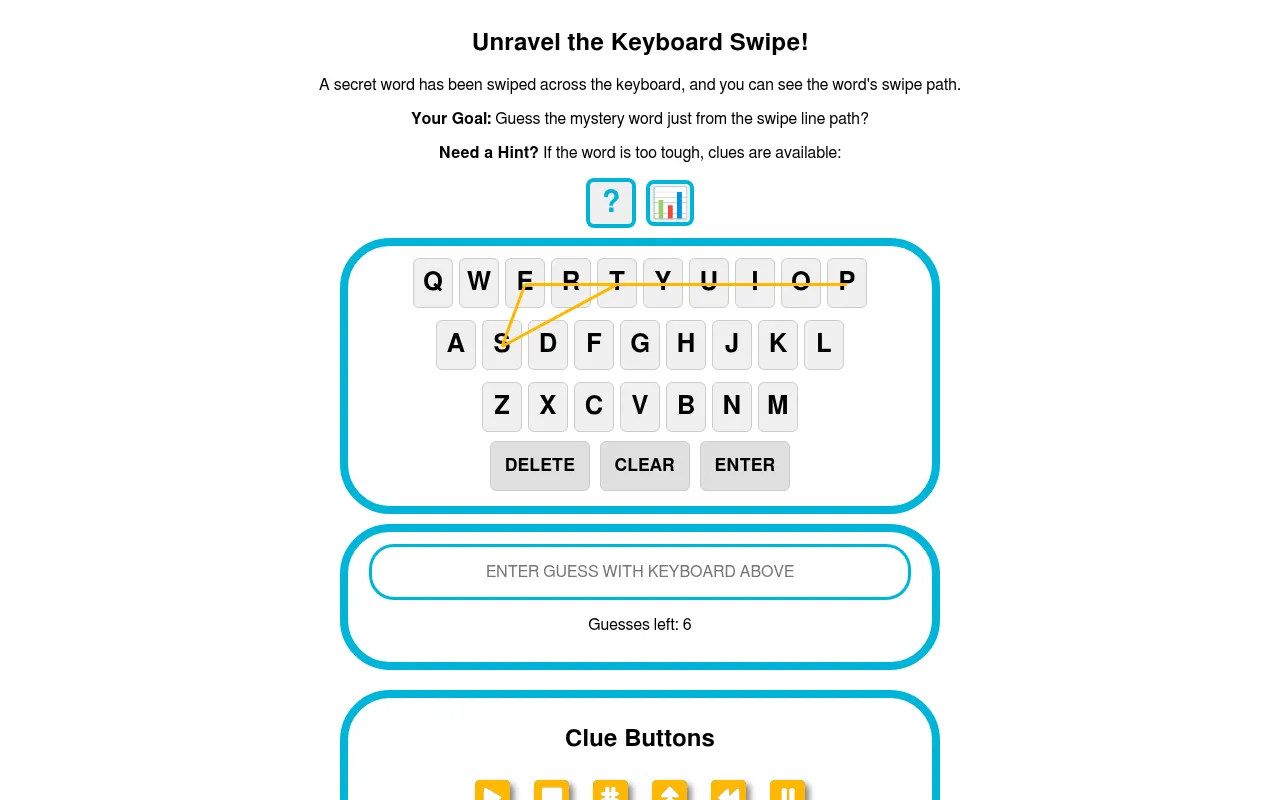Keyboard Lines daily puzzle: an on-screen keyboard with the day's yellow swipe path drawn across the keys, a guess box with 6 guesses left, and the clue buttons