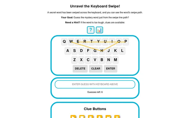 Keyboard Lines on 29 October 2026 (Day 498): the day's yellow swipe line drawn over a QWERTY keyboard, an empty guess box with 6 guesses left, and the clue buttons below