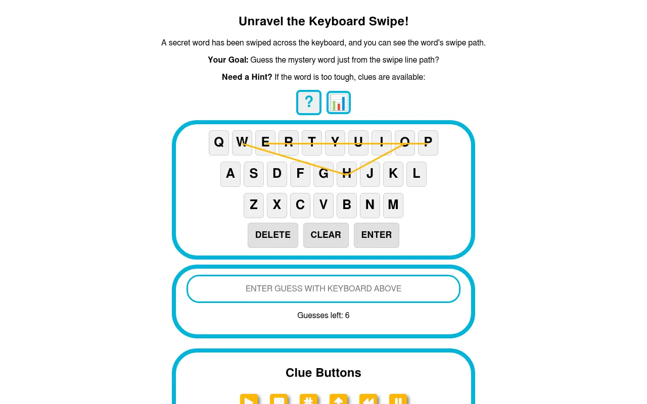 Keyboard Lines on 29 October 2026 (Day 498): the day's yellow swipe line drawn over a QWERTY keyboard, an empty guess box with 6 guesses left, and the clue buttons below