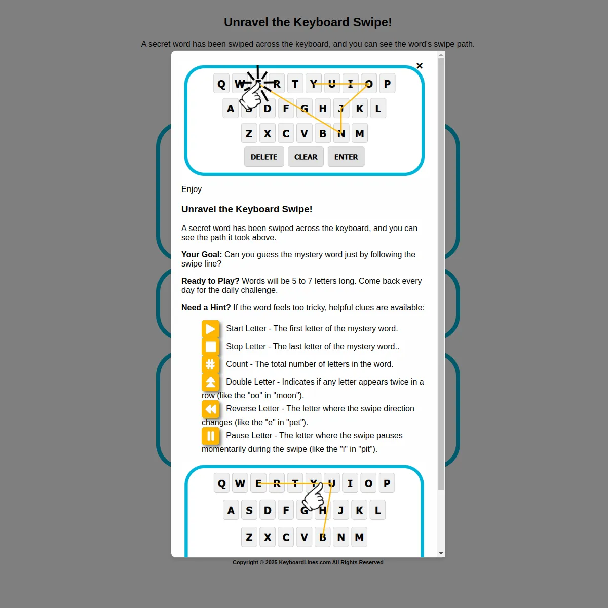 The Keyboard Lines how to play panel showing an on-screen keyboard with a yellow swipe line drawn across the keys, Delete, Clear and Enter buttons, and a list of the available clues: start letter, sto