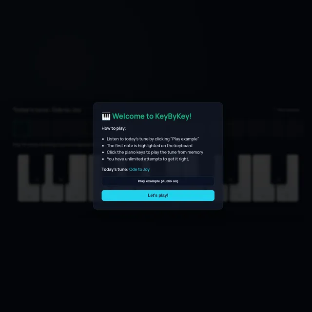 KeyByKey screen on a dark background: a Welcome to KeyByKey panel over a piano keyboard, listing how to play (listen to the tune, first note highlighted, click keys from memory, unlimited attempts), s