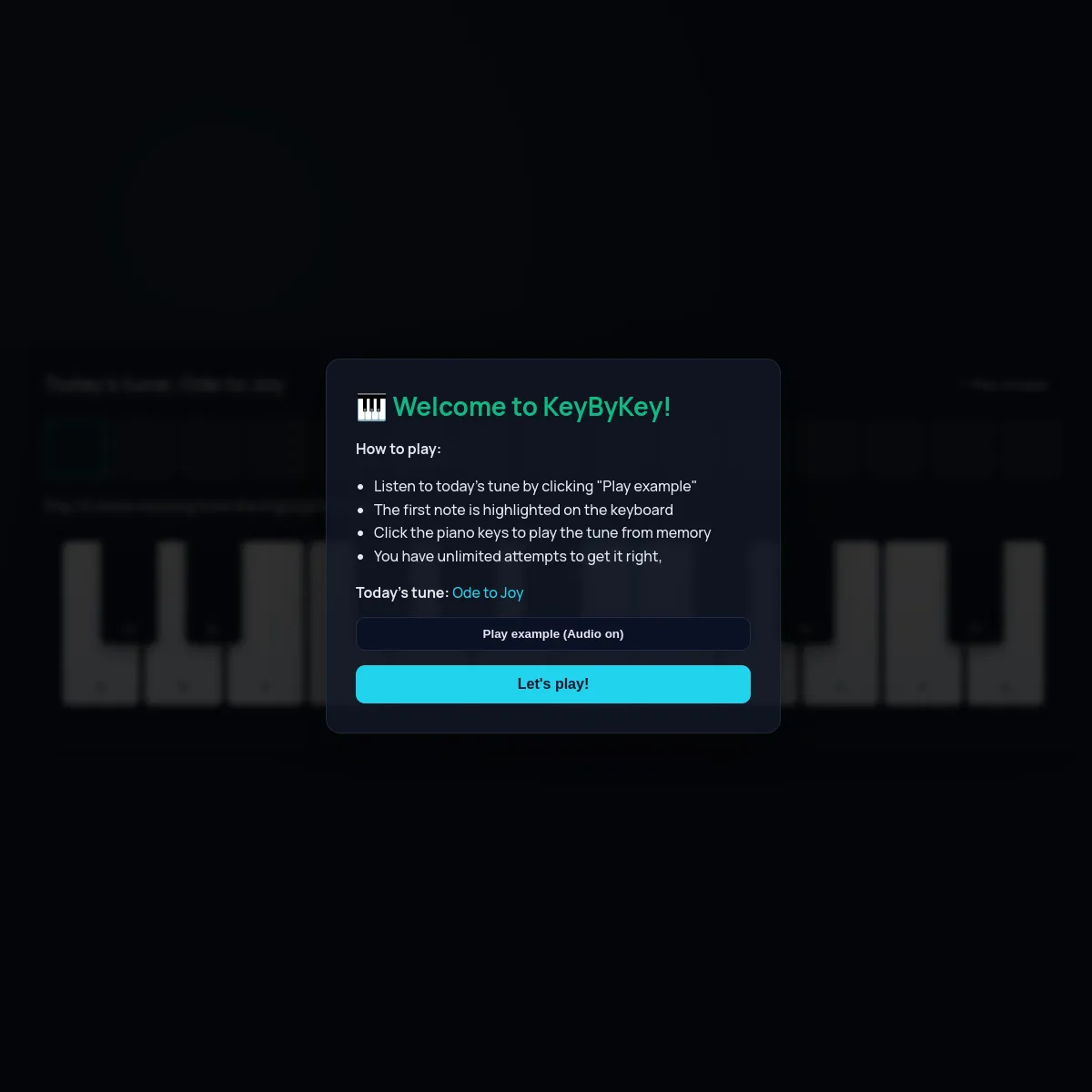 KeyByKey screen on a dark background: a Welcome to KeyByKey panel over a piano keyboard, listing how to play (listen to the tune, first note highlighted, click keys from memory, unlimited attempts), s