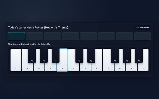 KeyByKey board for Today's tune: Harry Potter (Hedwig's Theme), with eight empty note slots above a two-octave on-screen piano whose starting key B is highlighted, and a Play example button