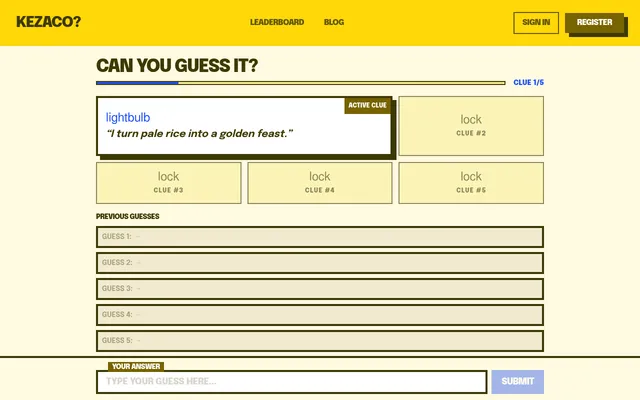 Kezaco? today's puzzle: the first active clue reading I turn pale rice into a golden feast, four locked clues and five empty guess rows