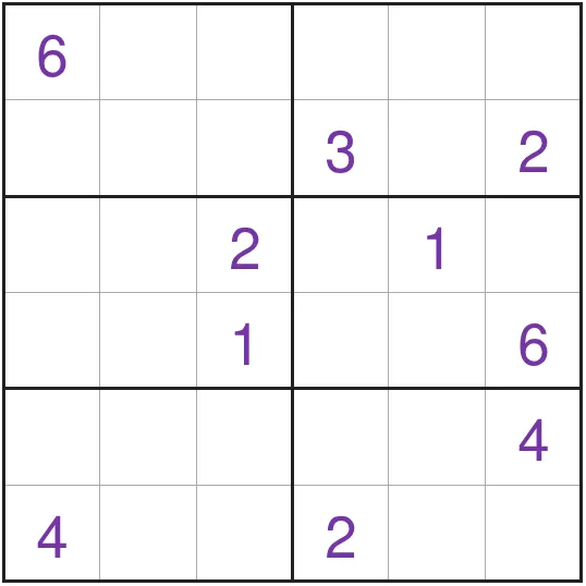 PuzzleMadness Daily Kids Sudoku for 6 October 2026: an empty 6x6 grid in 3x2 boxes with ten purple starting digits