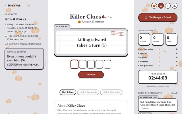 Killer Clues case 19 of 27 October 2026 on desktop: the clue "killing edward takes a turn (5)", five empty letter boxes, Accuse, three hint buttons, the casebook and next case countdown