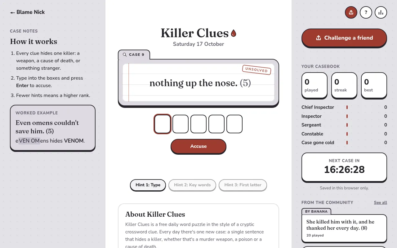 Killer Clues case 9 board: the clue "nothing up the nose. (5)" with five letter boxes, the Accuse button, three hint buttons, the casebook ranks and the countdown to the next case