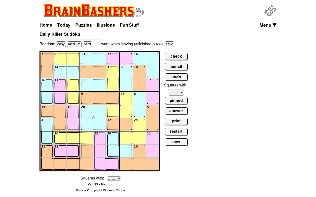 BrainBashers Killer Sudoku for 29 October 2026, Medium: an empty 9x9 grid of pastel cages with sum clues, beside the check, pencil, undo and answer buttons
