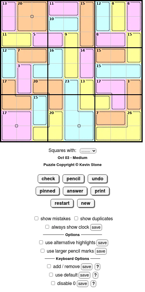 BrainBashers Killer Sudoku for 3 October, Medium: a 9x9 grid of pastel-coloured cages with sum clues in their corners, above the check and pencil buttons