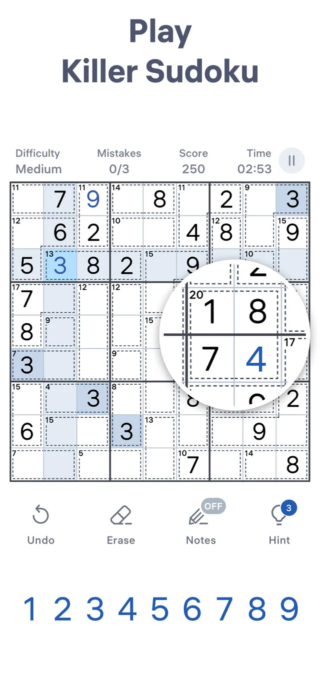 Killer Sudoku by Sudoku.com: a medium 9x9 grid with dotted cages and their sums, mistakes 0 of 3, a timer, and a magnified cage of 20 holding 1, 8, 7 and 4