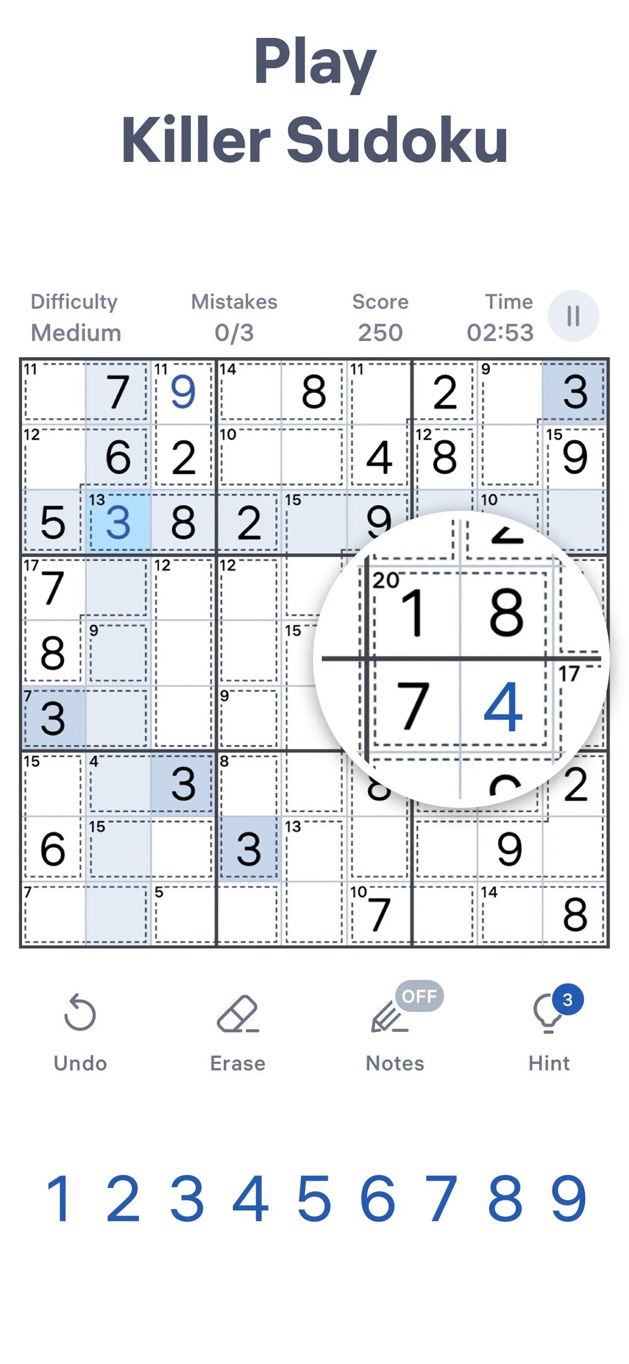 Killer Sudoku by Sudoku.com: a medium 9x9 grid with dotted cages and their sums, mistakes 0 of 3, a timer, and a magnified cage of 20 holding 1, 8, 7 and 4