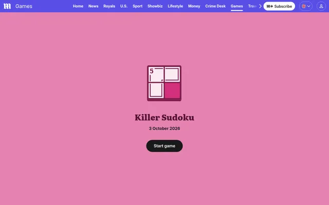 The Killer Sudoku start screen on the Daily Mail games page: the game's own icon and name, the date 3 October 2026 and a button to start the day's puzzle