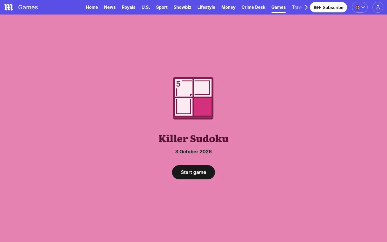 The Killer Sudoku start screen on the Daily Mail games page: the game's own icon and name, the date 3 October 2026 and a button to start the day's puzzle