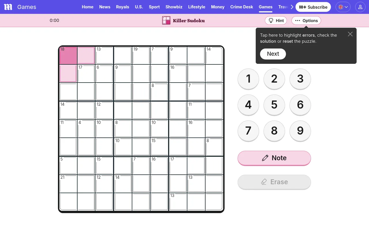 Daily Mail Killer Sudoku for 6 October 2026 in play: an empty 9x9 grid of dotted cages with sums such as 18, 13 and 19, beside a 1 to 9 number pad with Note and Erase buttons