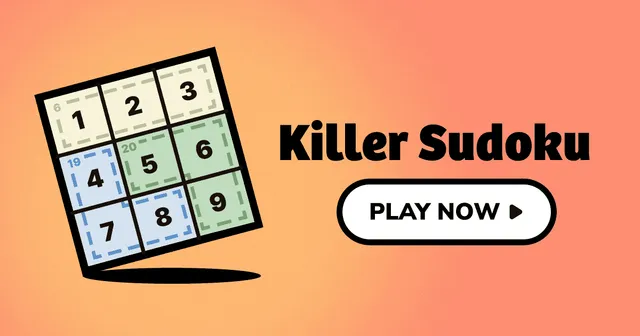 Killer Sudoku artwork: a 3x3 grid with dashed coloured cages and their sums beside the game title