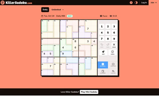 Killer Sudoku Daily #86 of 20 October 2026 on a desktop: a 9x9 grid of dashed coloured cages with their sums, a few given digits, and the number pad beside it