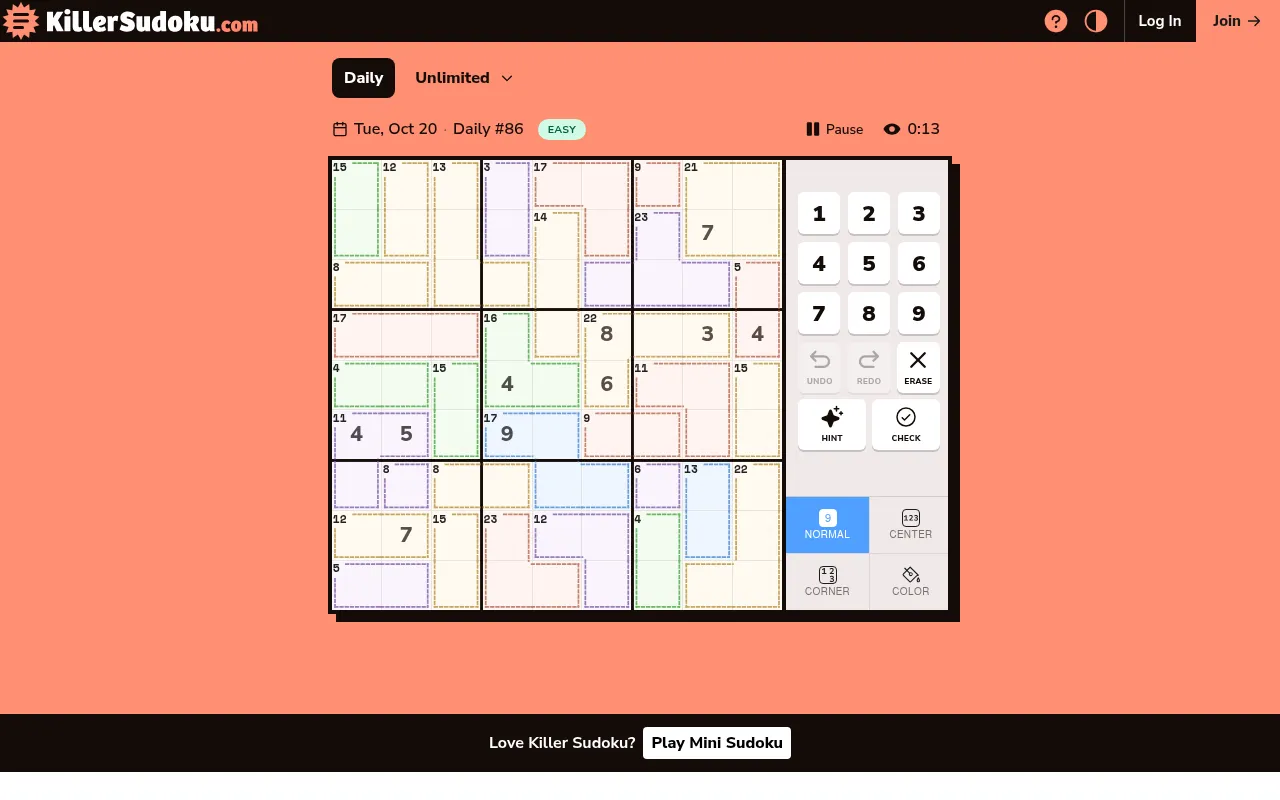 Killer Sudoku Daily #86 of 20 October 2026 on a desktop: a 9x9 grid of dashed coloured cages with their sums, a few given digits, and the number pad beside it