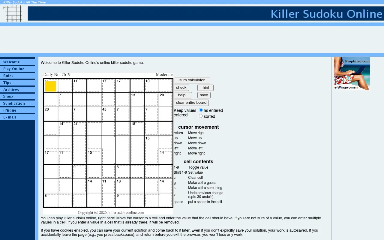 Killer Sudoku Online's desktop player with Daily No. 7619 (Moderate) of 29 October 2026: an empty nine by nine grid of dotted sum cages beside the sum calculator, check and hint buttons