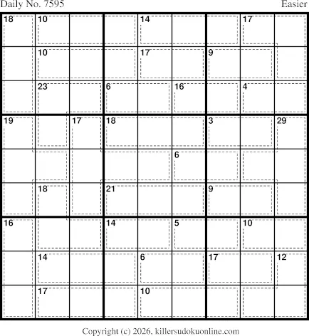 Killer Sudoku Online Daily No. 7595, Easier: a nine by nine killer sudoku grid with dotted cages and their sum totals