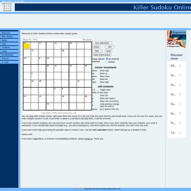 Killer Sudoku Online player showing Daily No. 7592, Moderate, with dotted cages and cage totals and a sum calculator button