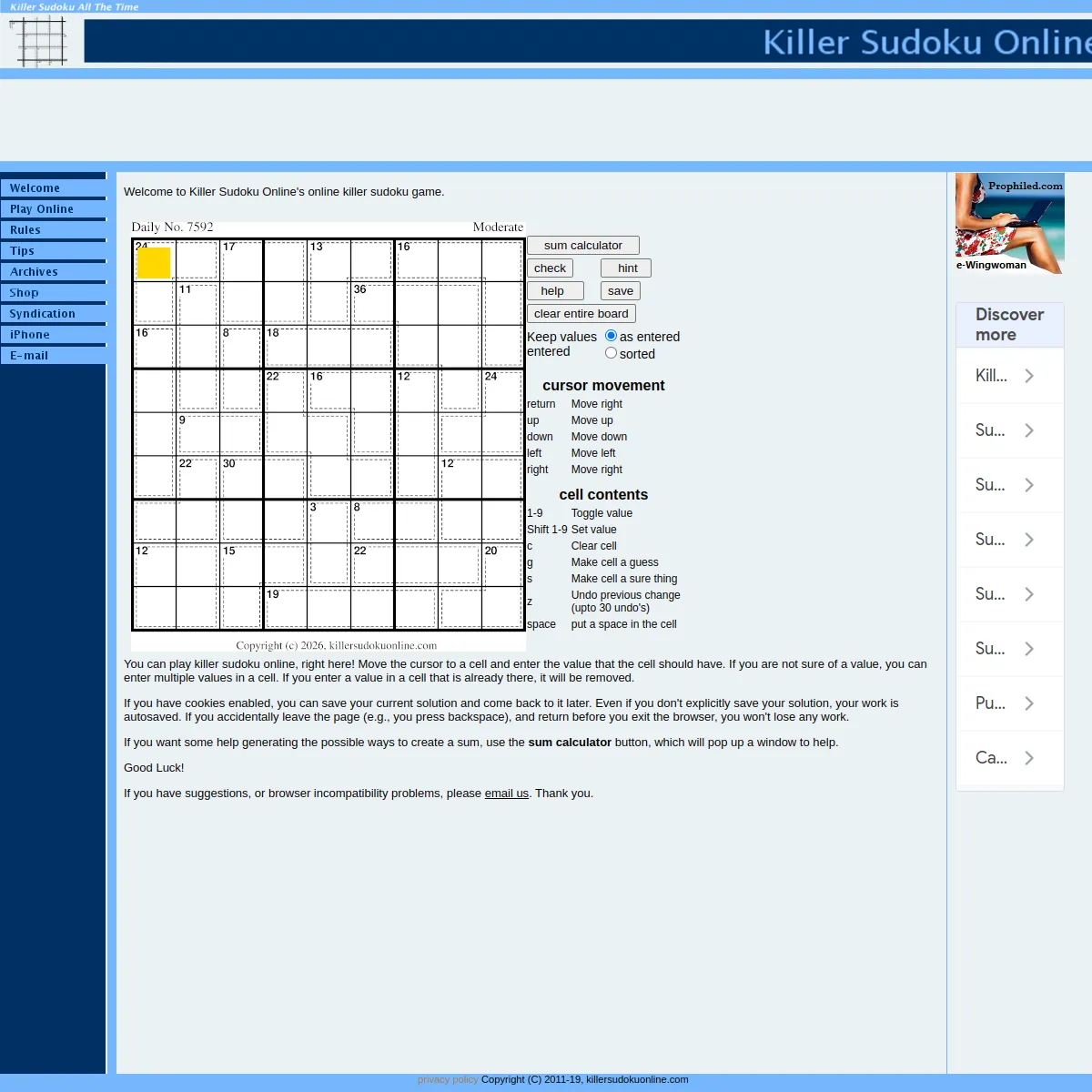 Killer Sudoku Online player showing Daily No. 7592, Moderate, with dotted cages and cage totals and a sum calculator button