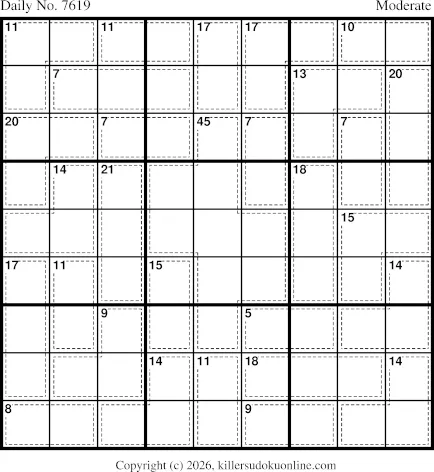 Printable image of Killer Sudoku Online Daily No. 7619, a nine by nine killer sudoku with dotted cages and their totals