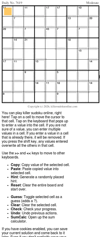 The phone version of Killer Sudoku Online showing Daily No. 7619 of 29 October 2026, a killer sudoku grid with cage totals above the instructions