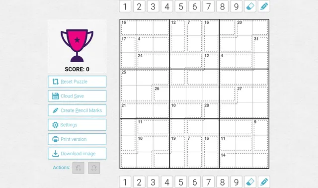 Today's Medium Killer Sudoku from PuzzleMadness on 28 October 2026 at desktop size: an empty 9x9 grid of dotted cages with totals, beside the score and tool buttons