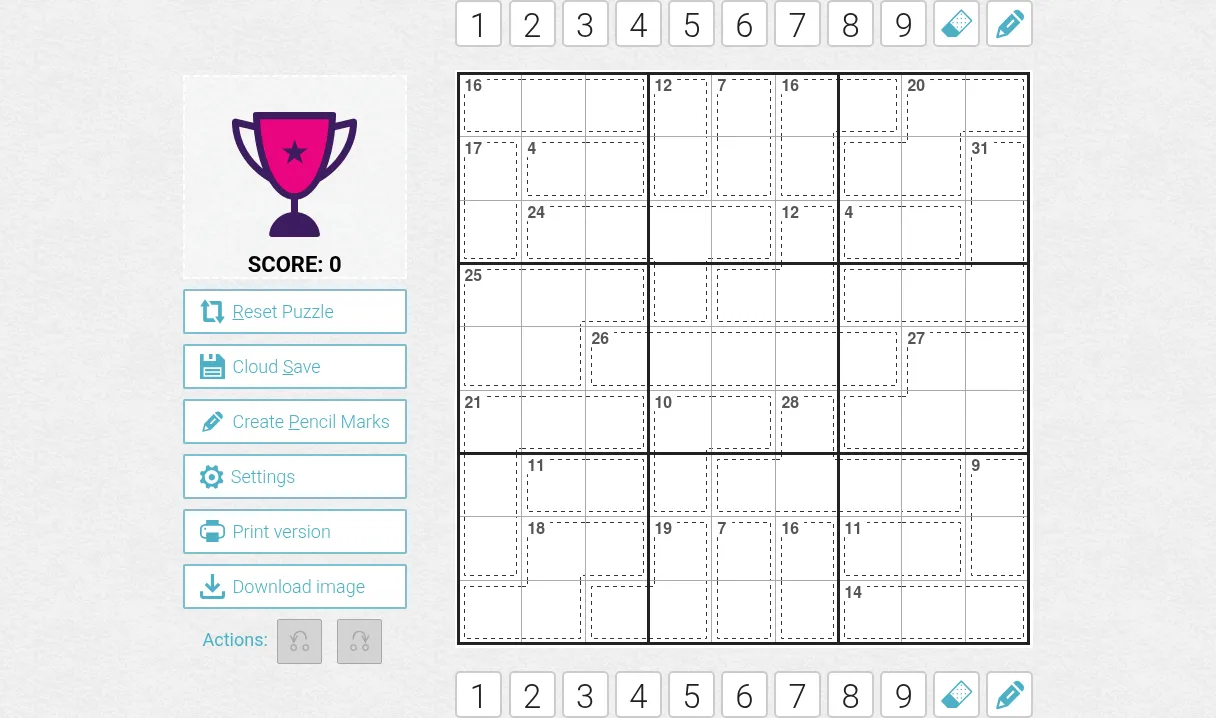 Today's Medium Killer Sudoku from PuzzleMadness on 28 October 2026 at desktop size: an empty 9x9 grid of dotted cages with totals, beside the score and tool buttons