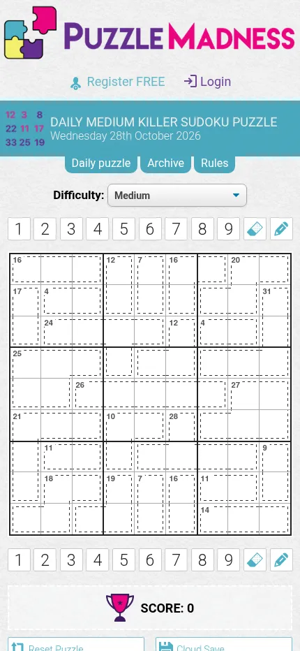 The Medium Killer Sudoku for 28 October 2026 on a phone, an empty 9x9 grid of dotted cages with their totals and the digit buttons above and below